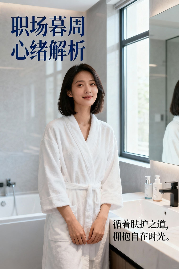 jimeng-2025-10-17-1727-现代浴室环境，一个27岁左右的亚洲女性，齐肩短发，穿着白色浴袍（体现职场女性的精...jpg